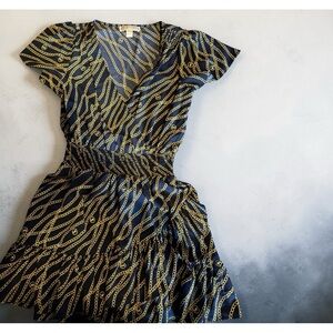 Michael Kors Navy Dress with Gold Chain Print